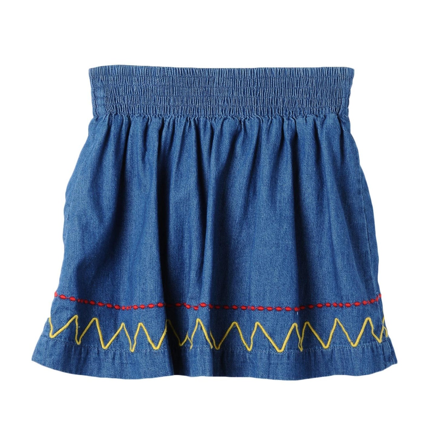 Girls Blue Denim Chambray Skirt With Colorful Zig Zag Embroidered Trims