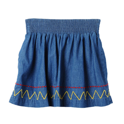 Girls Blue Denim Chambray Skirt With Colorful Zig Zag Embroidered Trims