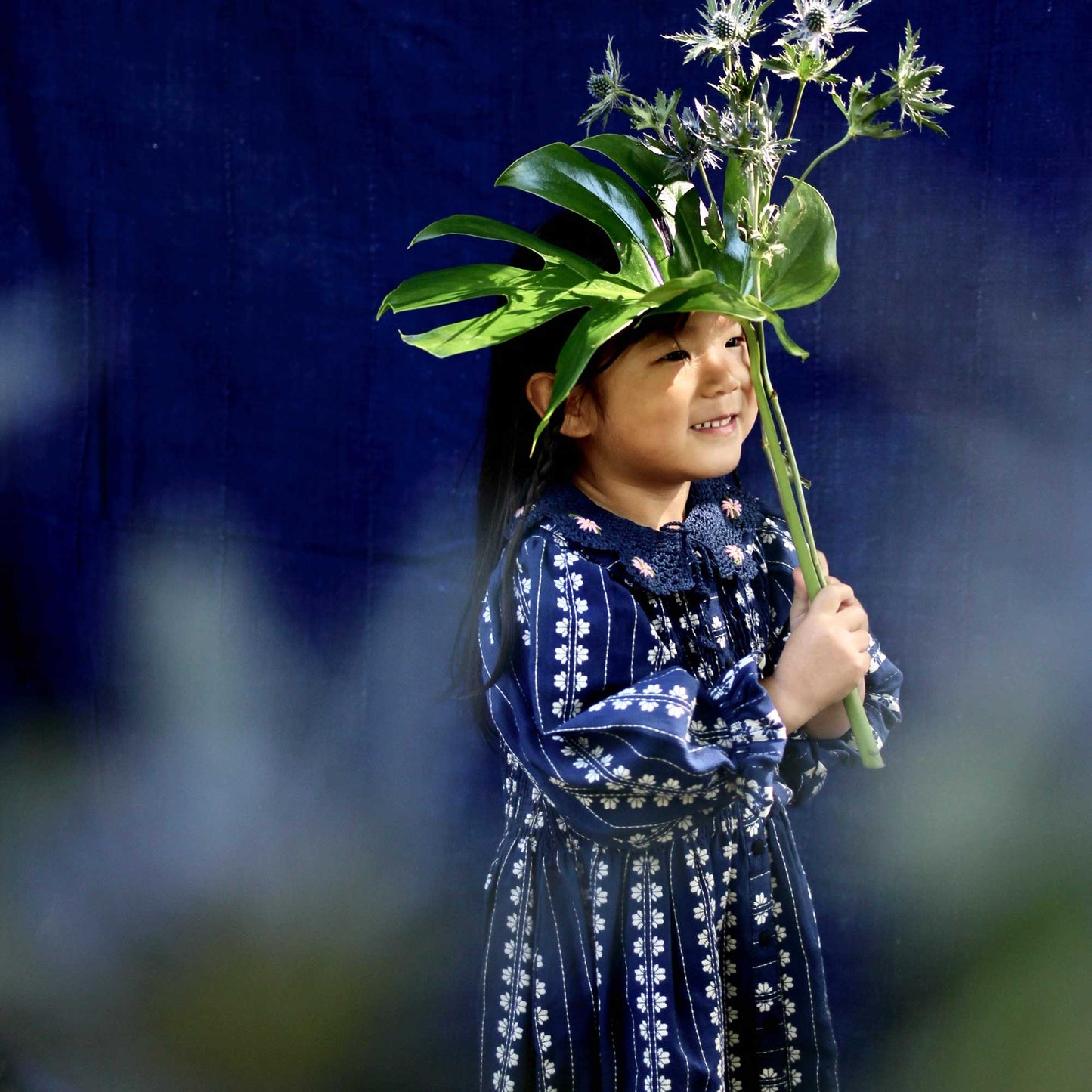 女童蓝色碎花棉上衣