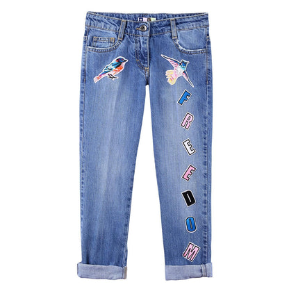 Girls Blue Patch Birds Trims Cotton  Denim Jeans