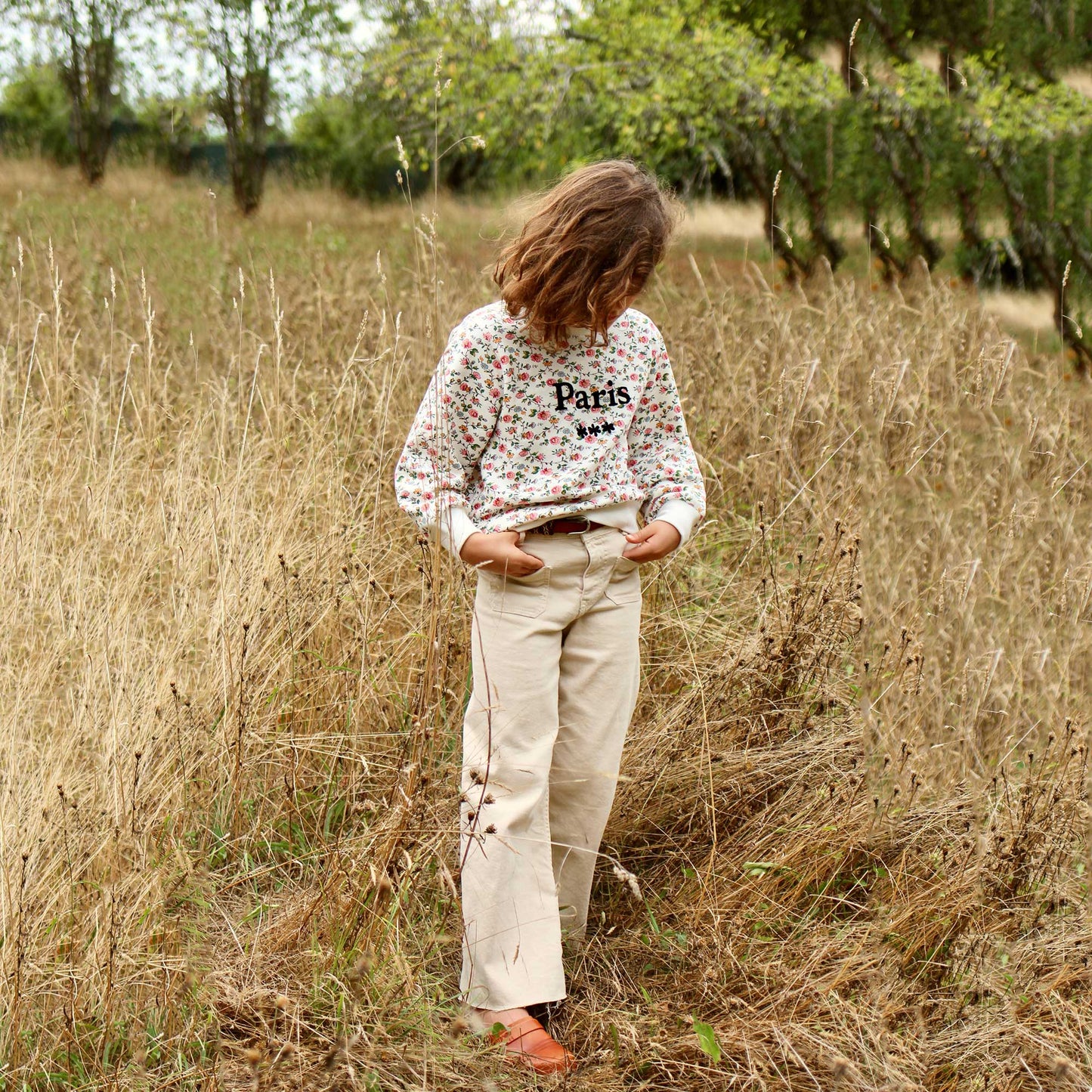 女童象牙白碎花棉卫衣