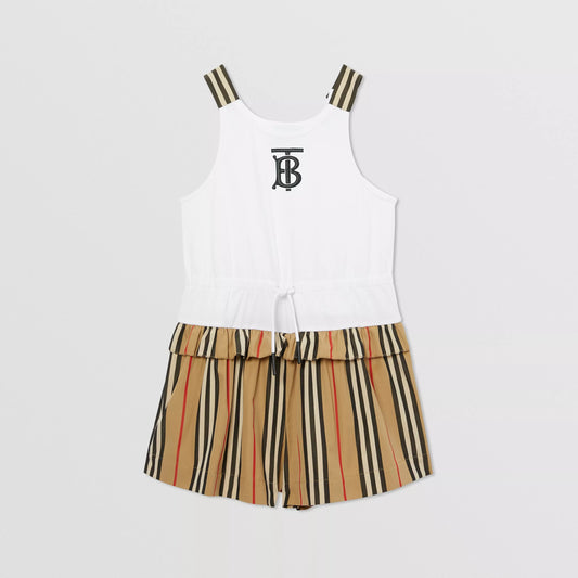 Girls White & Beige Logo Cotton Jumpsuit