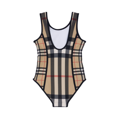 女童米色格子泳衣