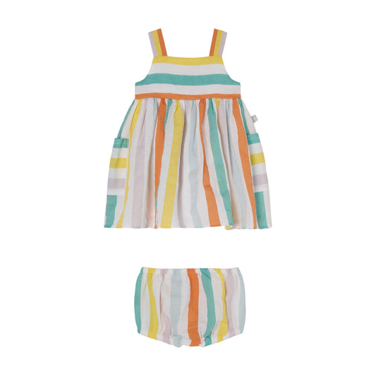 女婴彩色条纹连衣裙套装