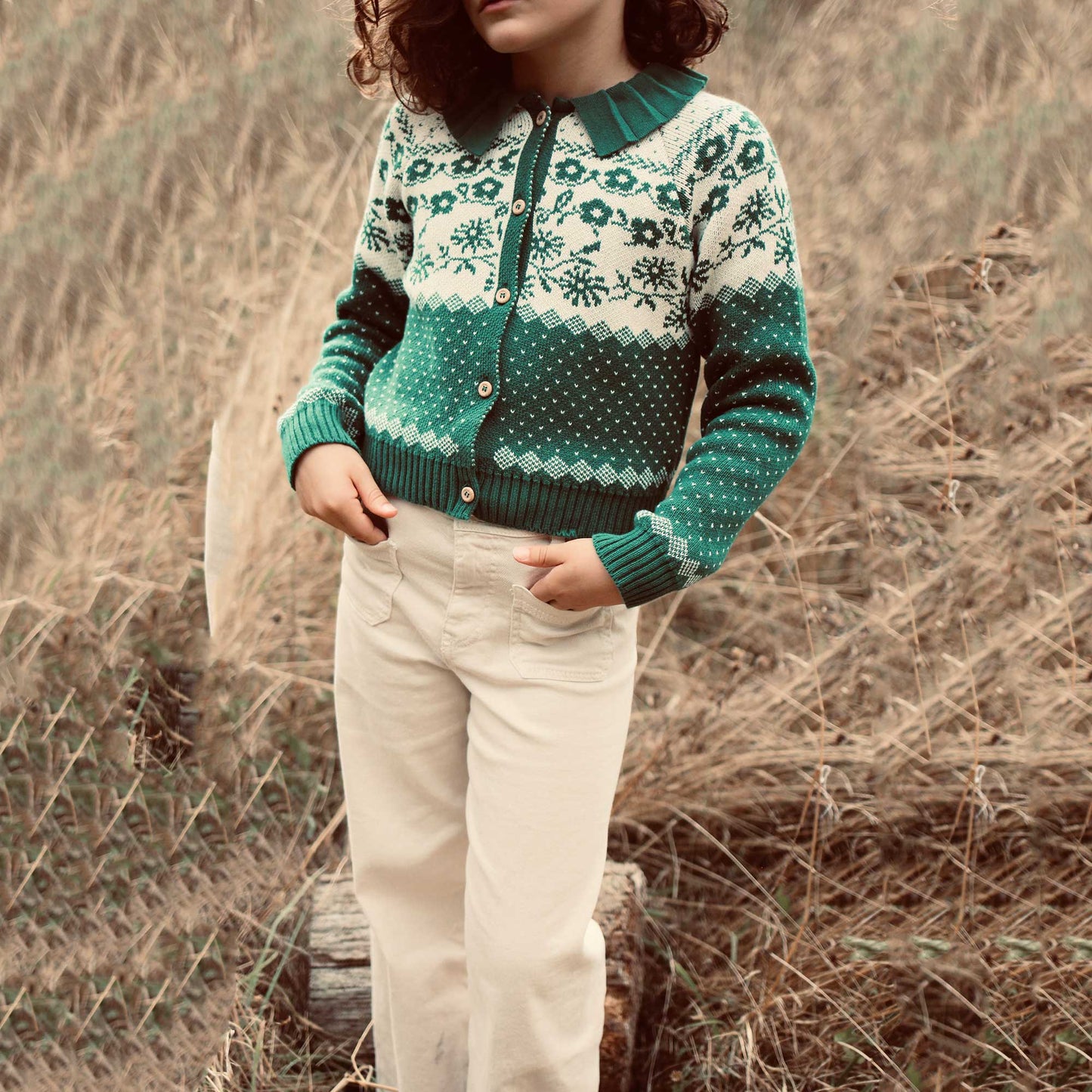 女童绿色花朵开衫