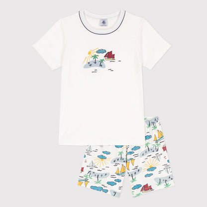 男童白色印花棉套装