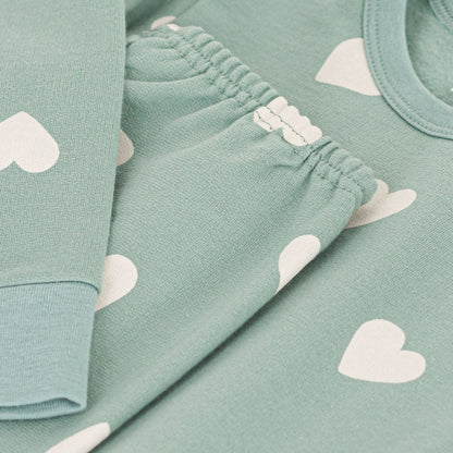 女童绿色心形棉睡衣套装