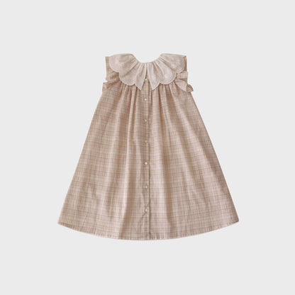 女童米粉色格子棉连衣裙