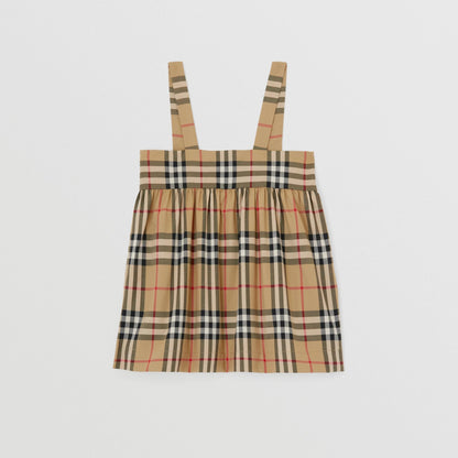 女童米色格子棉吊带上衣