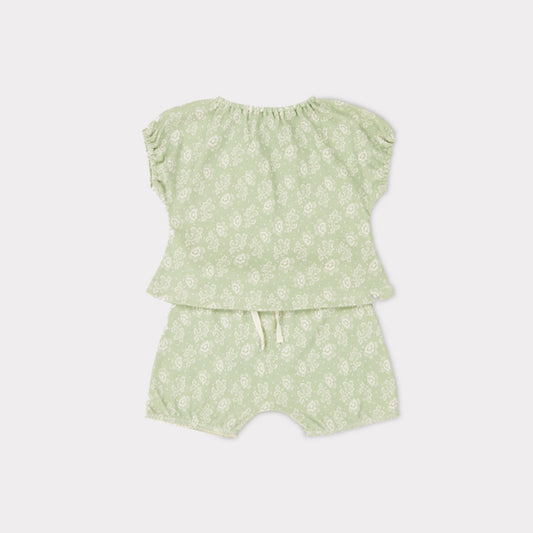 女婴薄荷绿印花棉套装