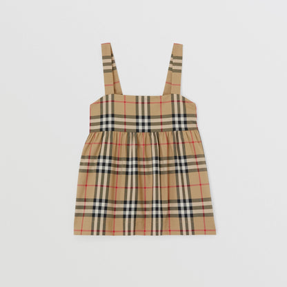 女童米色格子棉吊带上衣