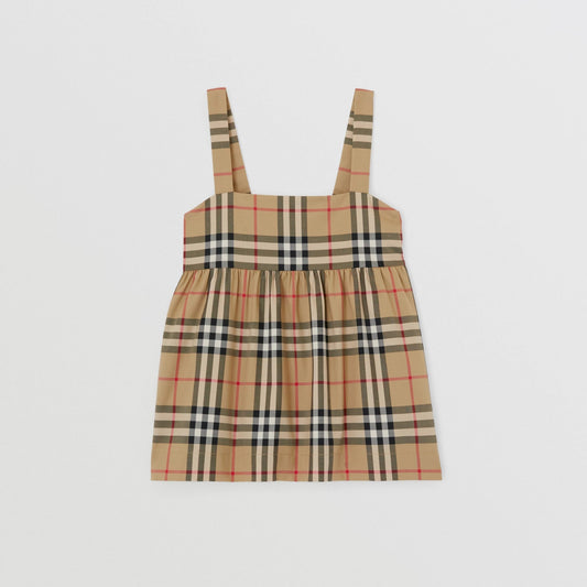 女童米色格子棉吊带上衣