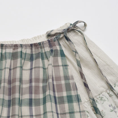 女童绿色格子棉短裙