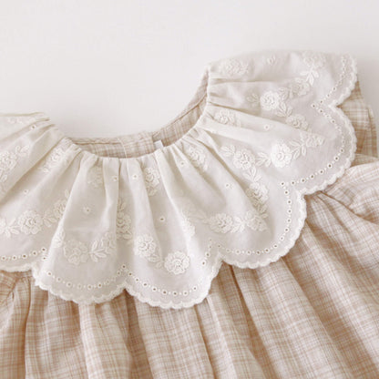 女童米粉色格子棉连衣裙