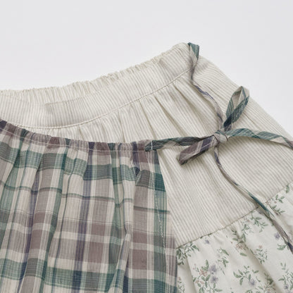 女童绿色格子棉短裙