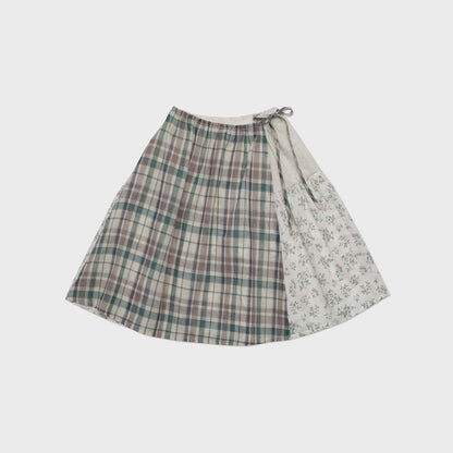 女童绿色格子棉短裙