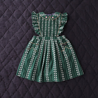 女童绿色碎花棉连衣裙