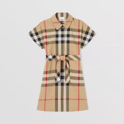 女童米色格子棉连衣裙