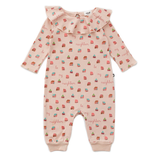 女婴粉色荷叶边棉连体衣