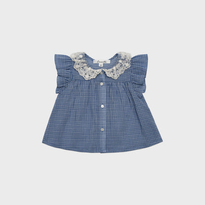女婴蓝色格子棉上衣