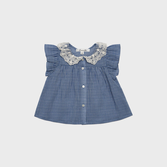 女婴蓝色格子棉上衣