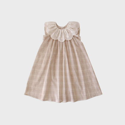 女童米粉色格子棉连衣裙