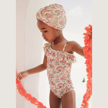 女童白色花朵印花泳帽