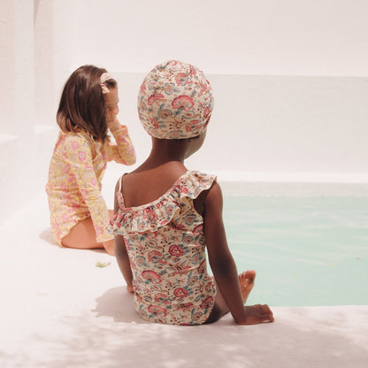 女童白色花朵印花泳帽