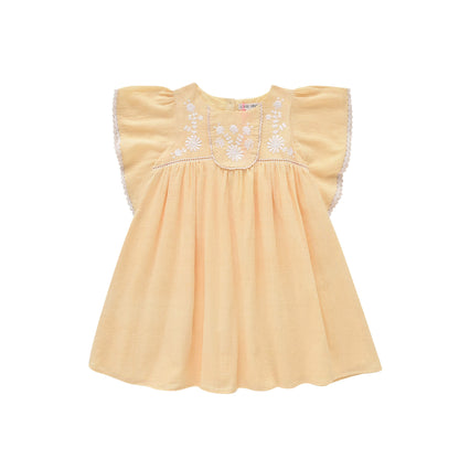 女童黄色刺绣棉连衣裙