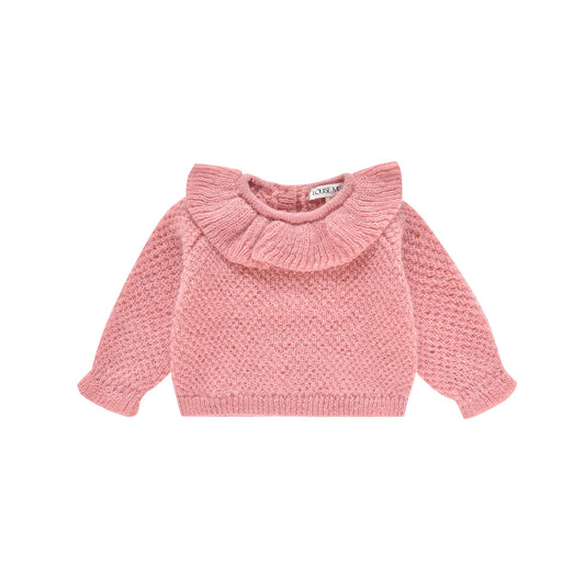 女童粉色荷叶边针织毛衣
