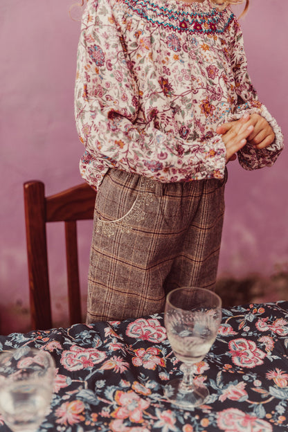 女童棕色格子羊毛长裤