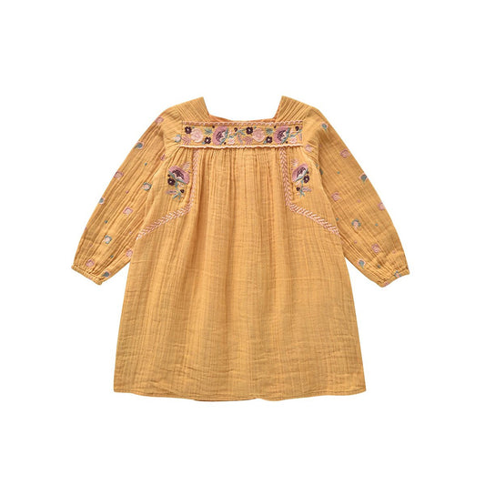 女童黄色刺绣棉连衣裙