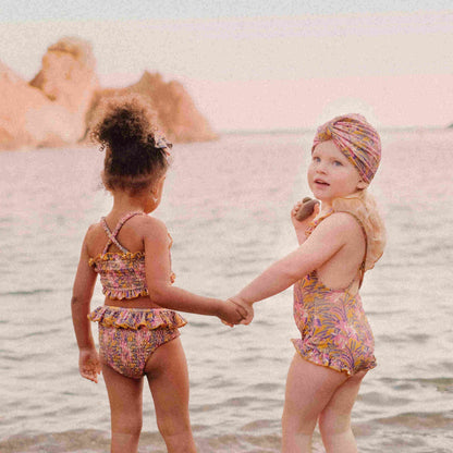 女童棕色花朵印花泳装