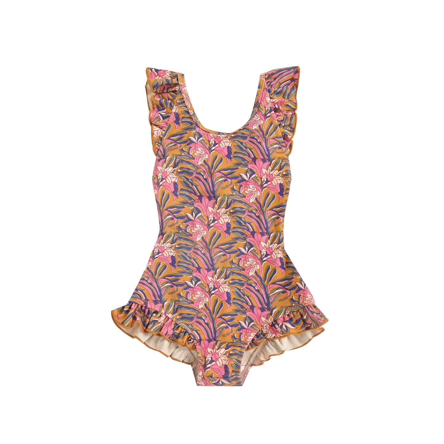 女童棕色花朵印花泳装