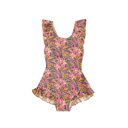 女童棕色花朵印花泳装