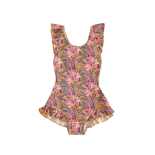 女童棕色花朵印花泳装