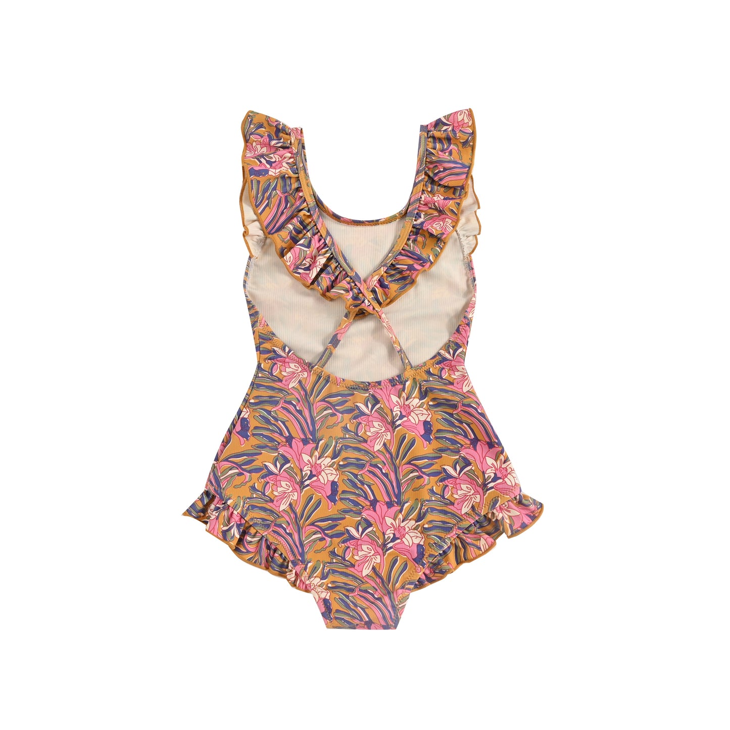 女童棕色花朵印花泳装