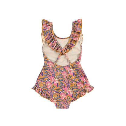 女童棕色花朵印花泳装