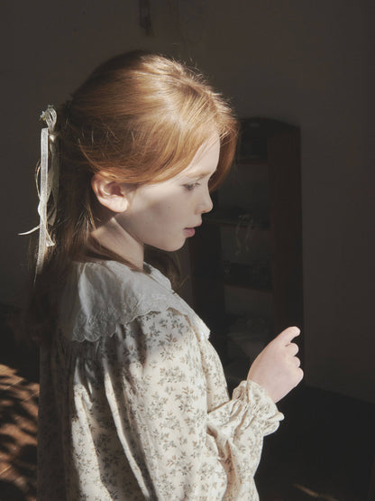 女童薄荷绿碎花蕾丝领棉连衣裙