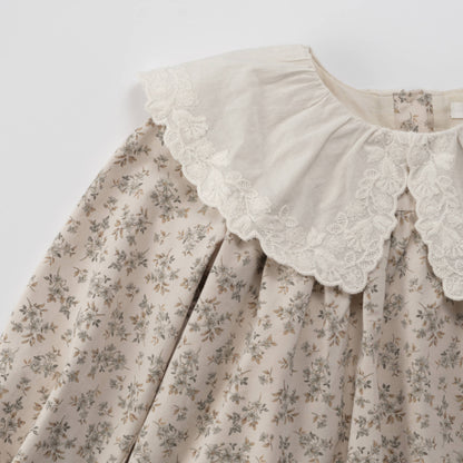 女童薄荷绿碎花蕾丝领棉连衣裙