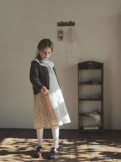 女童薄荷绿碎花蕾丝领棉连衣裙