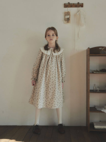 女童薄荷绿碎花蕾丝领棉连衣裙