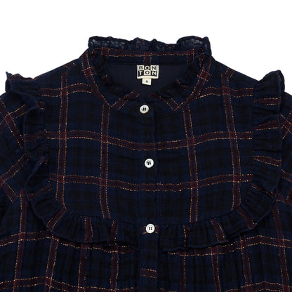 Girls Dark Blue Check Cotton Dress