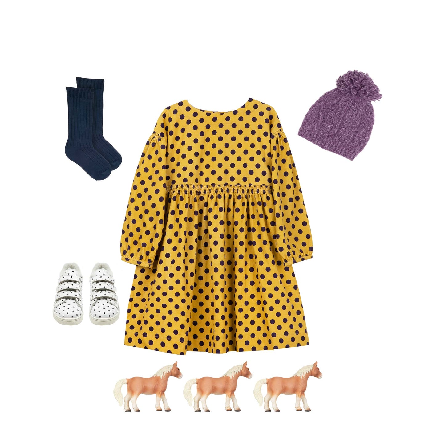 女童黄色圆点棉连衣裙