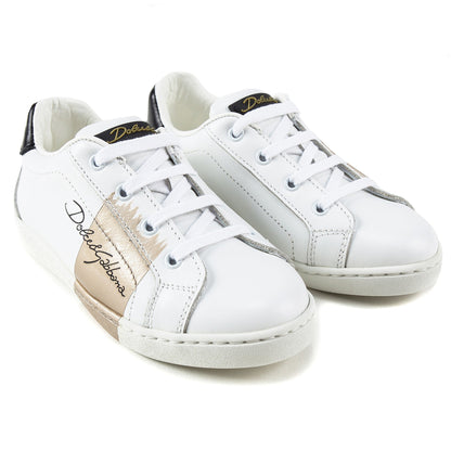Girls White Leather Whit  Logo Shoes
