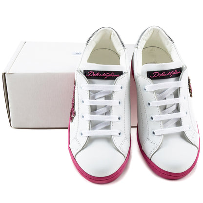 Girls White Leather Whit Pink Logo Shoes