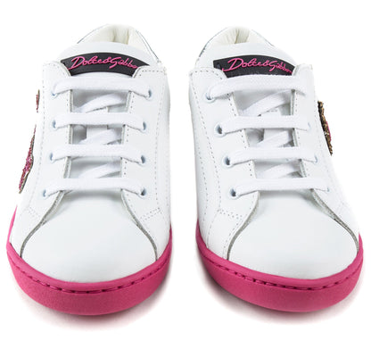 Girls White Leather Whit Pink Logo Shoes