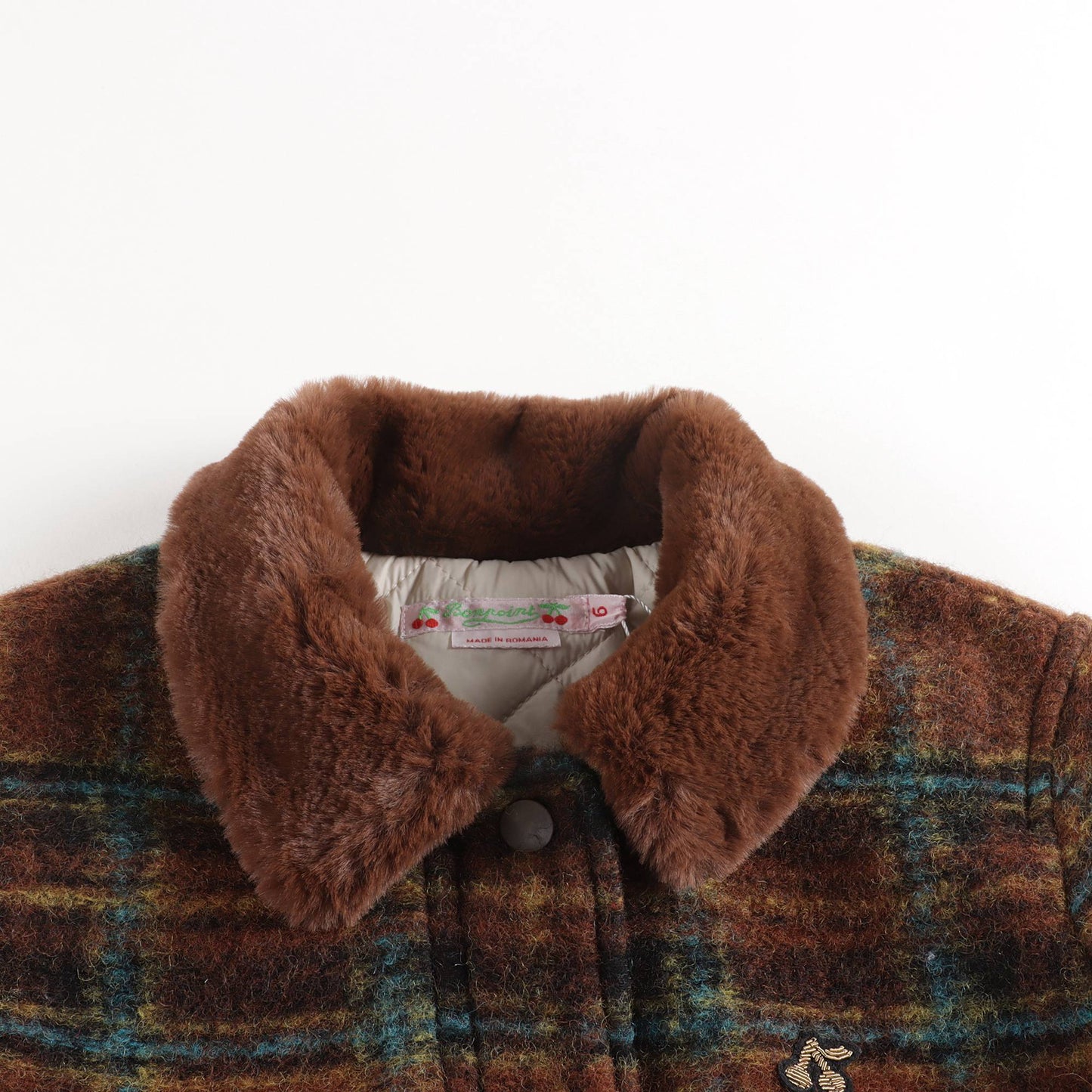 女童棕色格子羊毛外套