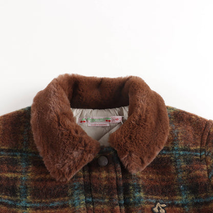 女童棕色格子羊毛外套