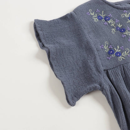 女童蓝色花朵印花棉连衣裙